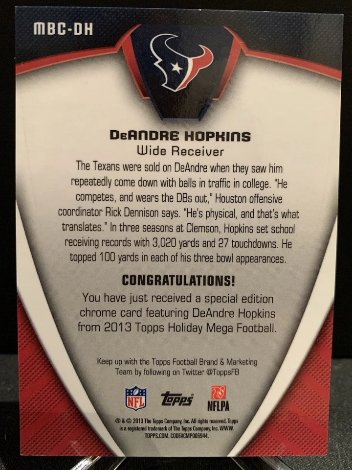 2013 TOPPS HOLIDAY CHROME FOOTBALL DeANDRE HOPKINS ROOKIE TEXANS RC - Image 2 of 2