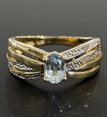 Cluster-Ring 9 kt 375 Gelbgold 0,50 kt Blautopas & Diamant, Größe M 1/2, US 6,5