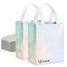 15 Pcs Iridescent Glossy Gift Bags Medium Size, 8x4x10 Inch Holographic Reusa...