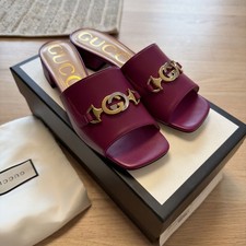 NEW GUCCI Women US 7 EU 37 Gold/Silver GG Logo Pink Leather Sandals Shoes