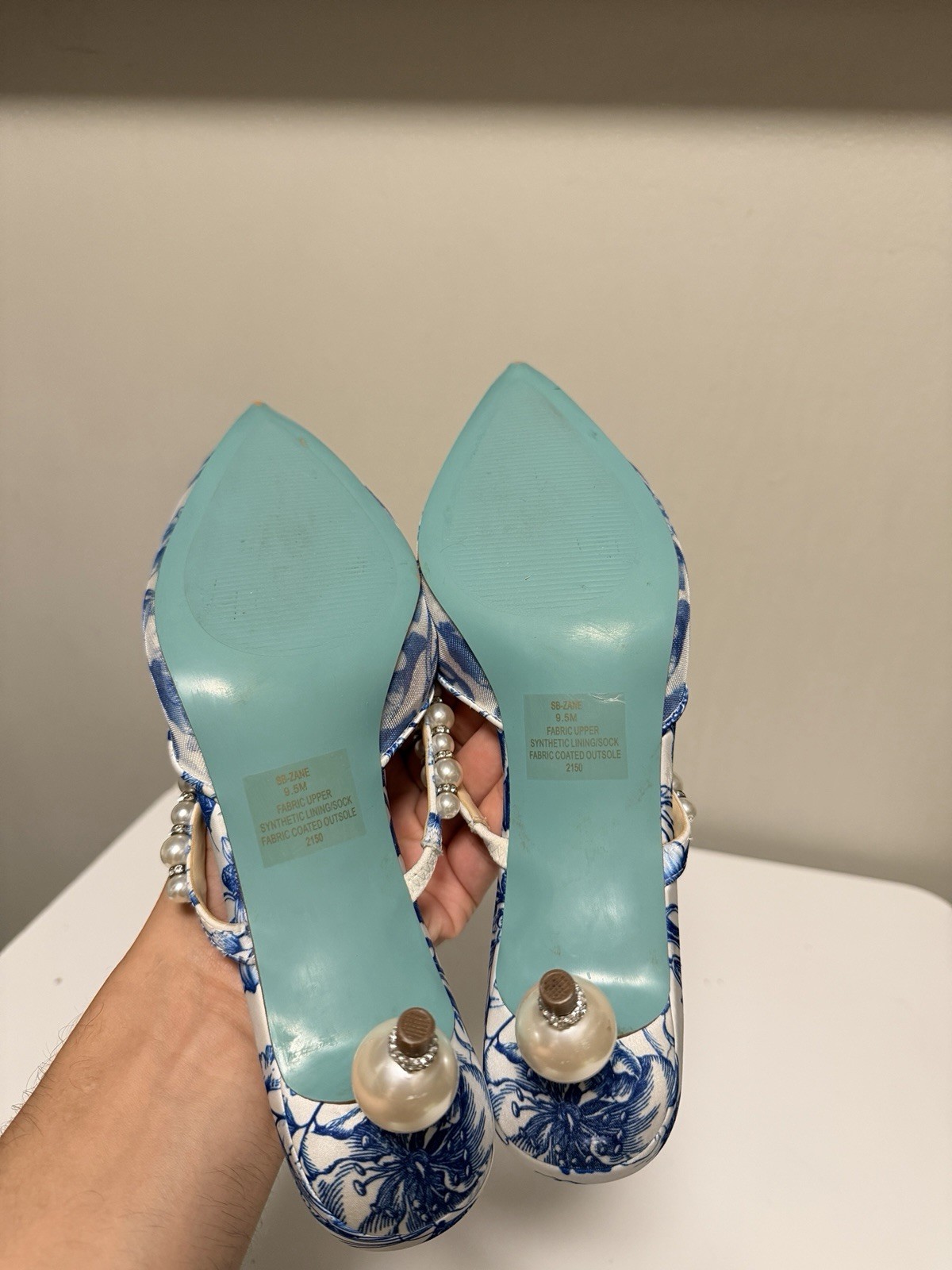 Betsey Johnson Blue White Floral Pearl Pointed Toe Mule Heels Women’s US 9.5 M image 6