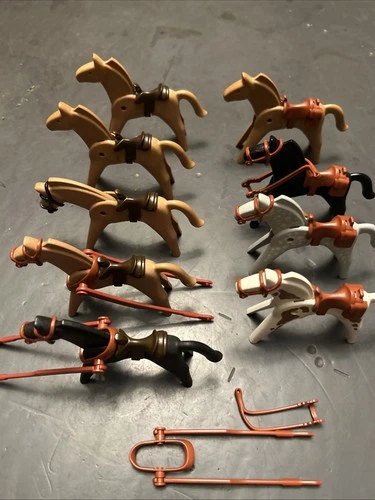 Vintage 1974 Playmobil Horses Lot Of 9 W/saddles And 7 Bridles