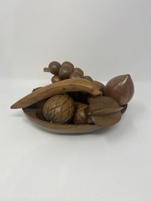 Vintage MCM 1970's Set Of Handcarved Monkey Pod Wood Bowl & Fruits Banana Grapes