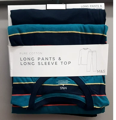 MARKS & SPENCER M & S Mens Pure Cotton Supersoft Pyjamas Loungewear Top & Long Pants Pjs ~ Large