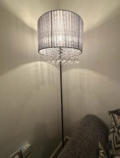 Chrome Floor Lamp, Grey Pleated Drum Shade with Hanging Clear Crystal Drops