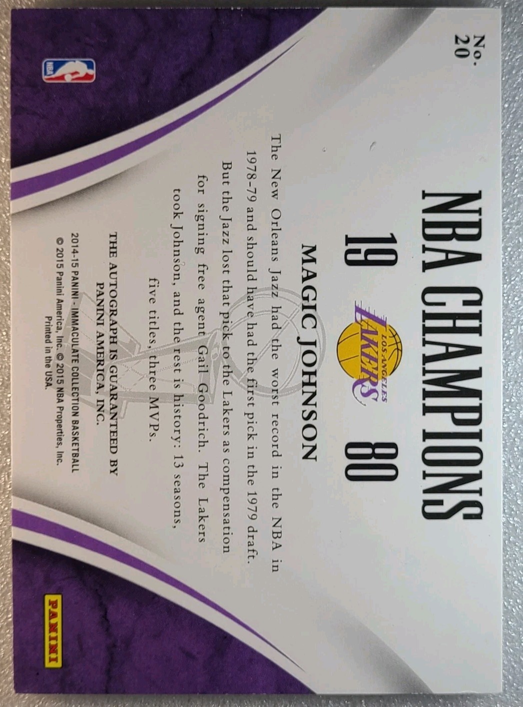 Magic Johnson 2014-15 Immaculate NBA Champions Auto /75 HOF Lakers view 2