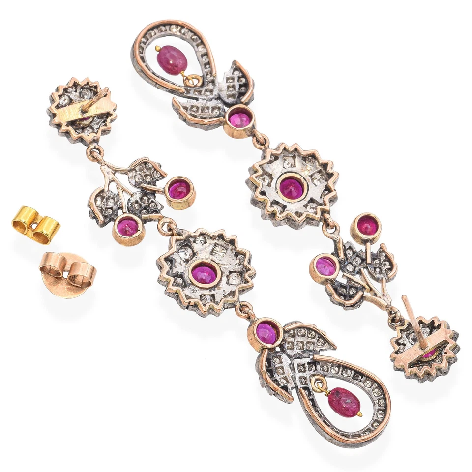 Vintage Ruby and Diamond Floral Drop Earrings - Image 4 of 4
