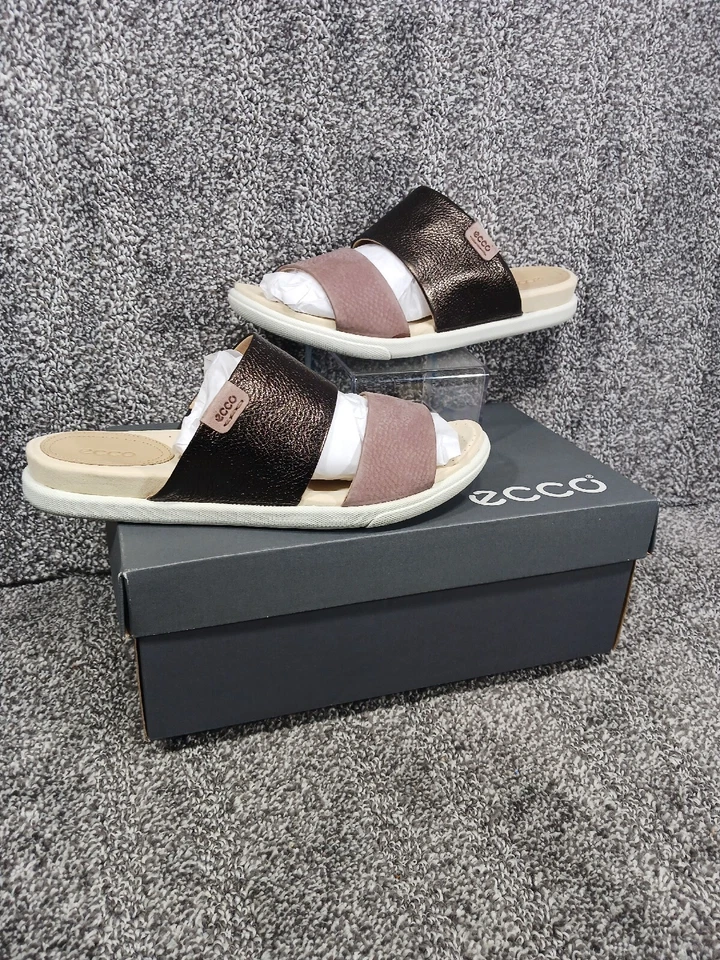 Nuevas Sandalias Planas ECCO Damara Slides Cuero EE. UU. 10.5 / UE 41 Regaliz/Topo Profundo Foto 2 de 4