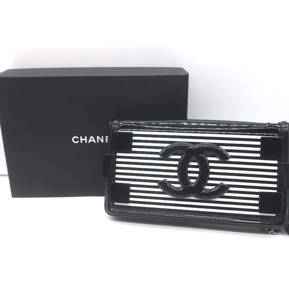 Chanel Boy Brick Striped Flap Bag Black & White Patent Leather