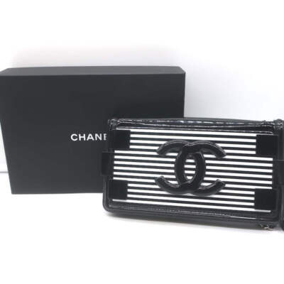 Chanel Boy Brick Striped Flap Bag Black & White Patent Leather