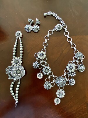 Miriam Haskell Set Gray Pearl,Silver Tone Metal-Bracelet,Earrings, Necklace 