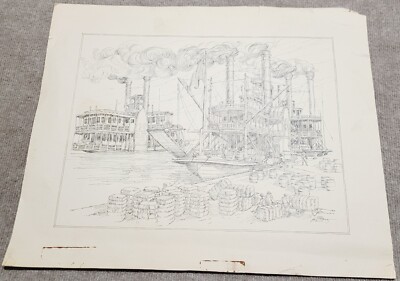 Vtg Antique Drawings Sea Port Unloading Ship & Steamboat - Signed & Numbered