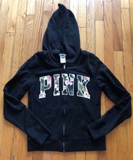 Victoria s Secret PINK Black Tropical Floral Applique Full Zip Hoodie Size M