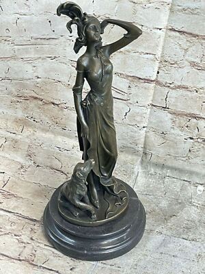 Dame Mit Hund Bronze Statue Figur Kunst Deco Skulptur Figur Stück Zuhause