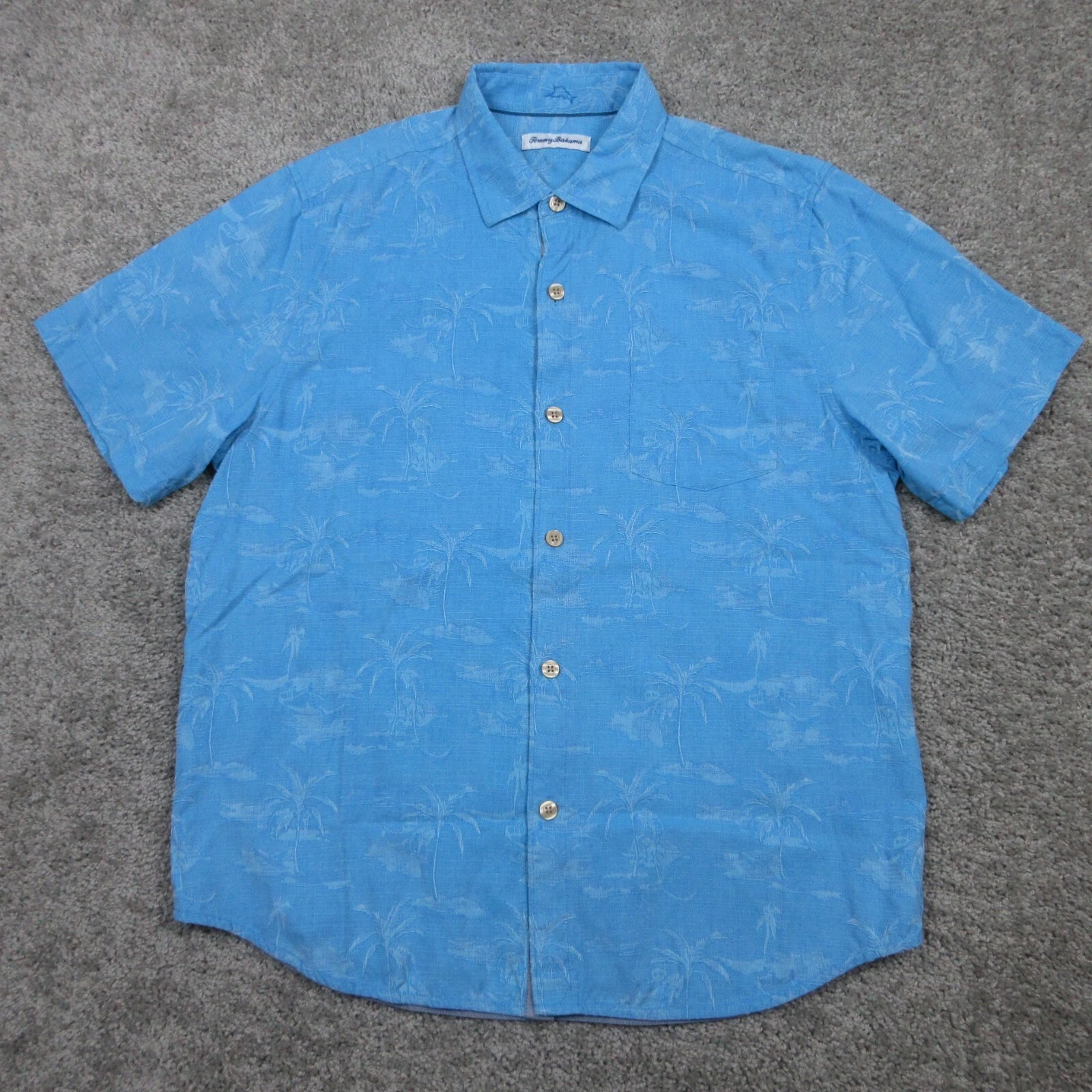 Tommy Bahama Shirt Mens Large Blue Geometric Silk Collared Tropical Aloha Tiki