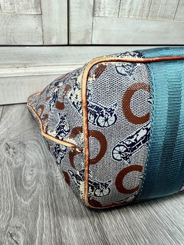 Celine Macadam Pattern Shoulder Bag Tote Authentic Brown Logo Aqua Handles - Picture 9 of 23