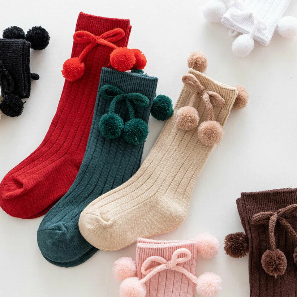 Medias hasta la rodilla pompón algodón calcetines largos suaves cálidos para niños bebés niñas niños pequeños Foto 4 de 4