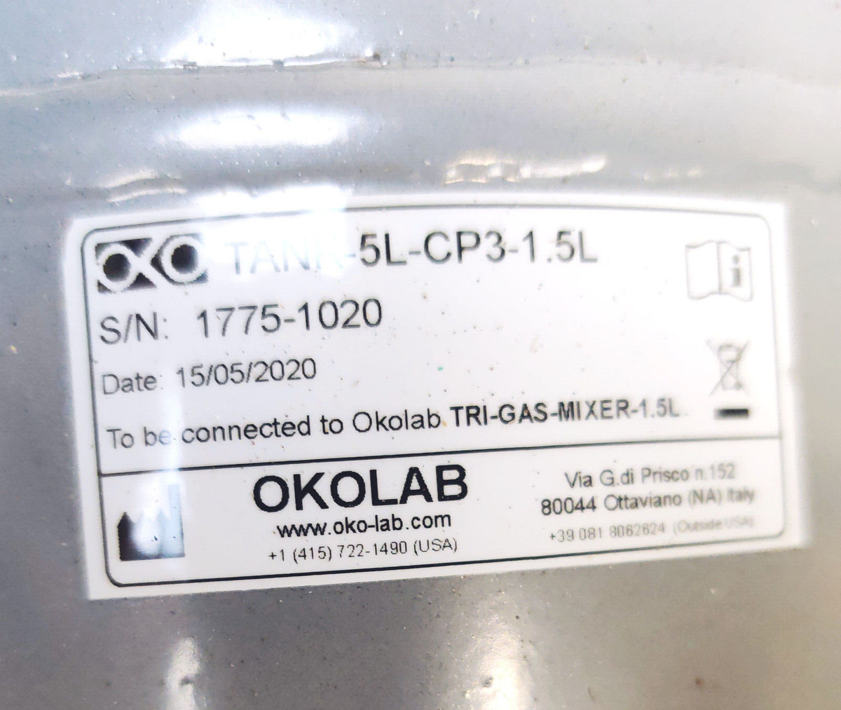 Okolab Tri-Gas Mixer 4 Litter Tank Aluminum Cylinder 5L-CP3-1.5L