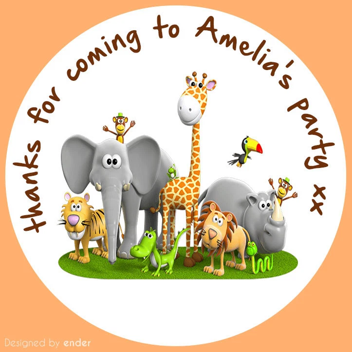 Pegatinas personalizadas para fiesta de cumpleaños en la selva para conos dulces. Entrega rápida Foto 2 de 4