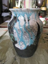 Beautiful Crackle Look Vase Grey, Black, Teal Signed A Maflil 8" High