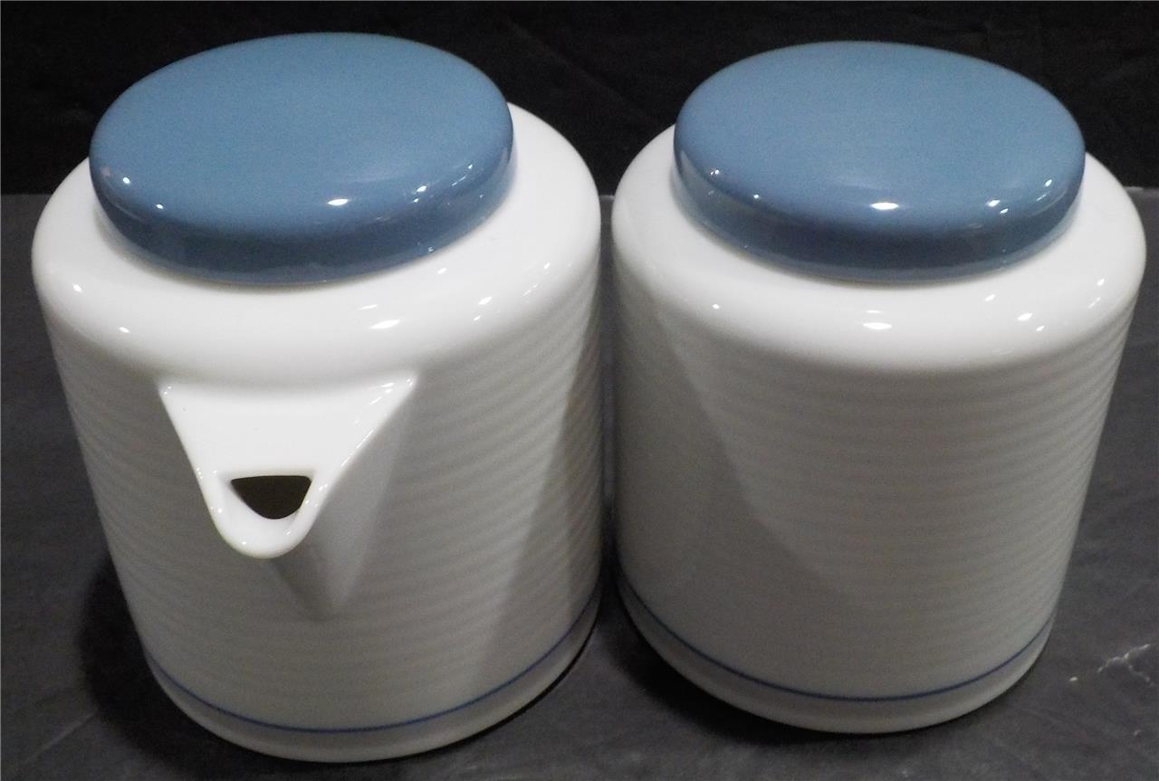 DANSK TAPESTRIES DAMASK BLUE Sugar Bowl, Creamer w/Lid & 3 Cups JAPAN