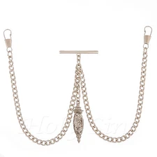 Made In The UK New Silver Colour Double Albert Pocket Watch Chain With Pendant 