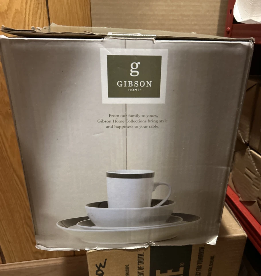 16 Piece Porcelain Dinnerware Set White Black Rims Gibson Home Noble Court NIB - Image 3 of 3