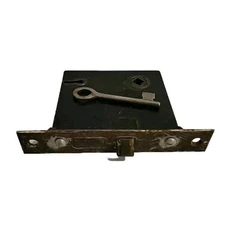Antique Dead Bolt Mortise Lock + Key Cast Iron Body Brass Plate Face