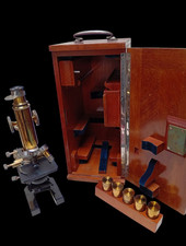 Old Brass Microscope with Original Mahogany Wood Box Carl Zeiss Jena 20th C