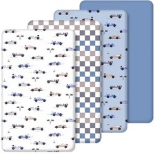 4 PCS 52x28 Inch Blue Silly Goose Fitted Crib Sheets Gingham Soft Bedding