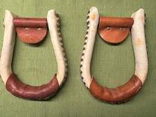 SADDLE RAWHIDE BELL STIRRUPS Pair Western Leather Lacing Tack EUC 