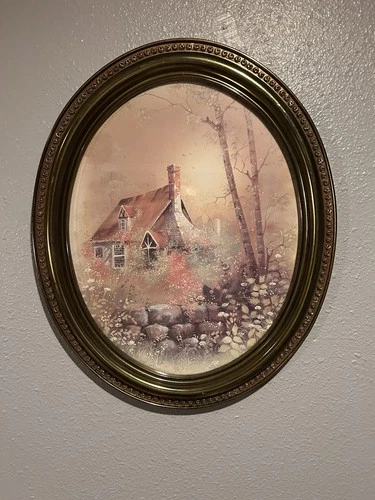 Vintage Homco Large Cottage And Floral Print Framed In Gold.  Autumn Scene