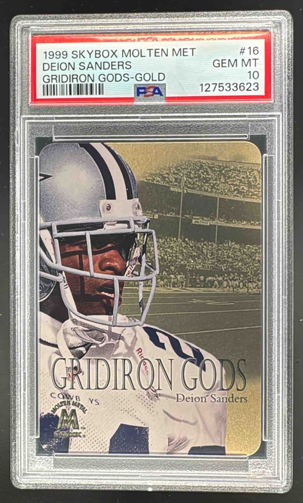 127533623 Deion Sanders 1999 Skybox Molten Metal #16GG Gridiron Gods Gold PSA 10