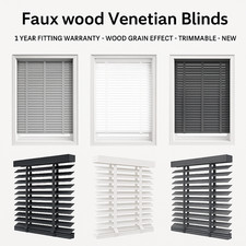 Image of Faux Wood Venetian Blinds With Tapes Window Trimmable White & Grey 50MM Slats UK