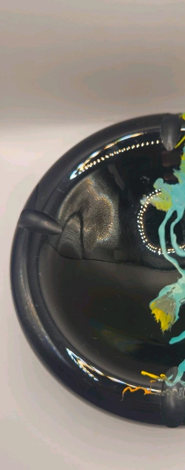 Large Black Glass Ashtray Wth Multi Coloured Splash Decoration.  Contemporary. - Image 4 of 4