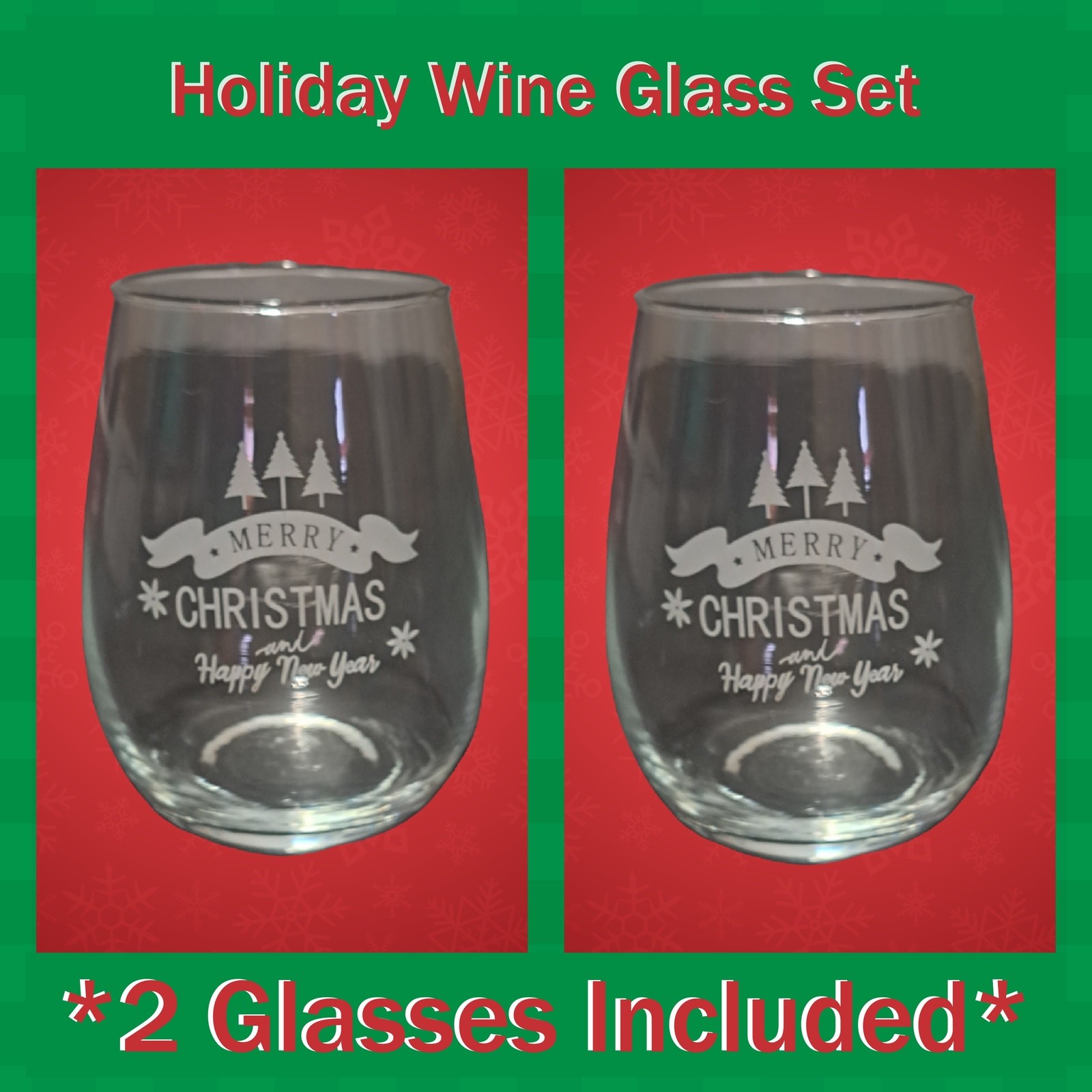 Set of 2 Holiday Merry Christmas & Happy New Year Stemless Wine Glasses
