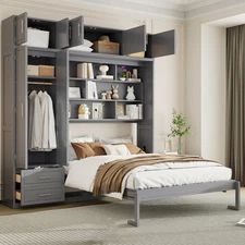 Queen Size Wall Murphy Bed w/Cabinet,Shelves & Wardrobe - Foldable Space Saving