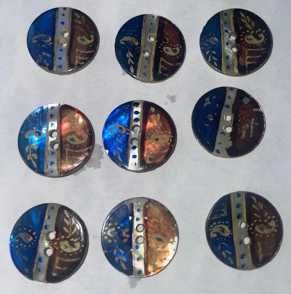 Set Of 13 Antique Victorian Painted Red White Blue Abalone Shell Buttons - Image 4 of 4