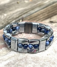 Silver Magnetic Hematite Therapy Bracelet Anklet 3 Row w Sodalite Gemstone