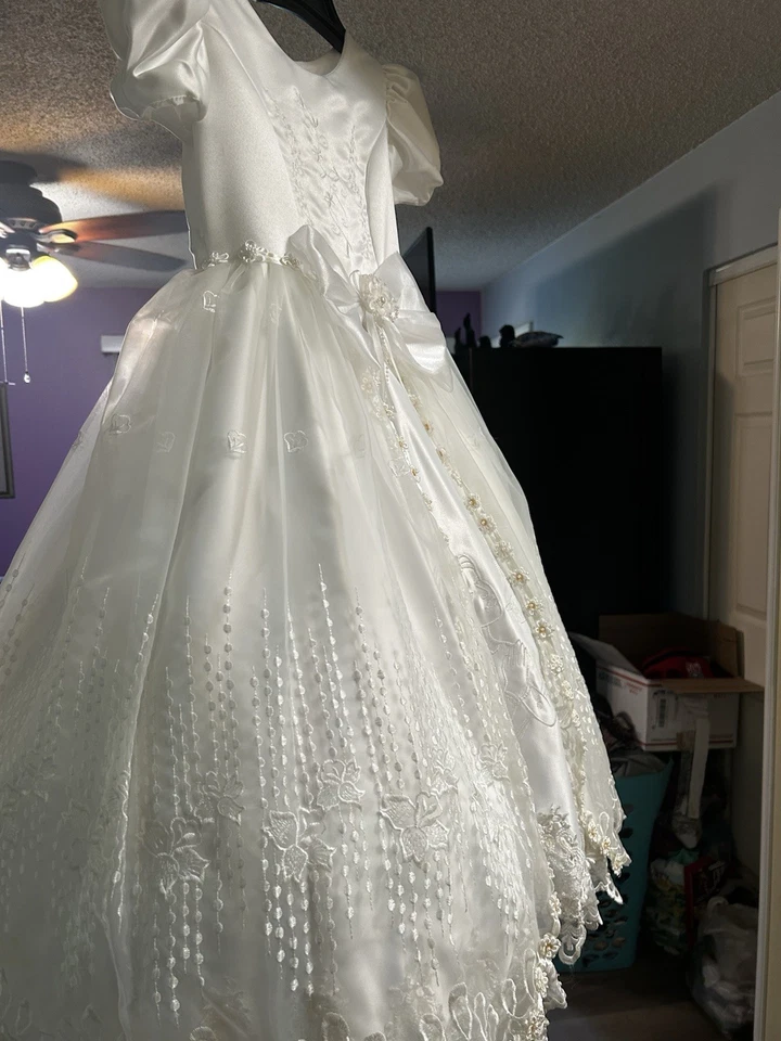 Vestido Primera Comunión Niña Flor Blanco Satinado Talla 6 Juvenil Foto 4 de 4