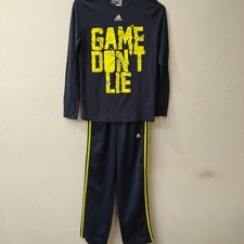 Adidas Shirt Long Sleeve FleecePant Set Boys Sz 10 Navy Blue Neon Yellow 2 Piece