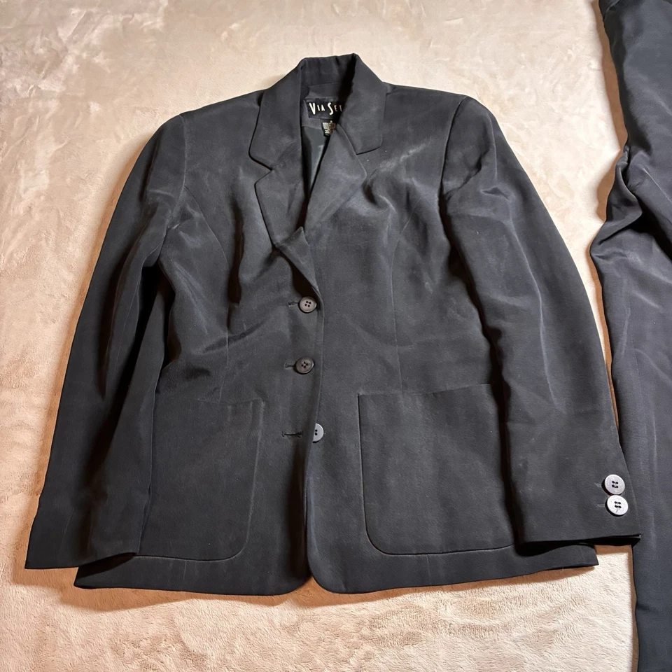 Conjunto Traje Pantalones Blazer Via Seta Negro Seda Minimalista A Medida Mujer’s Talla 6 2 Foto 2 de 4