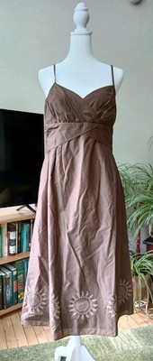 LOFT Sz 4  Chocolate Brown Embroidered Sun Slip Sun Dress Flare Tank Tea Length