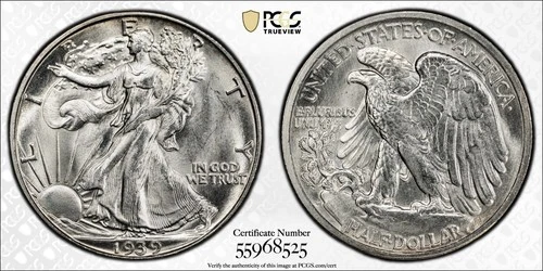1939 D WALKING LIBERTY HALF DOLLAR PCGS MS 64 EXCELLENT FROSTY WHITE LUSTER AND