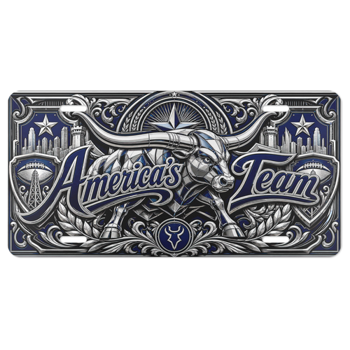 America's Team Bull Aluminum Car Tag Blue Silver Football Fan Metal Plate | Flat - Afbeelding 1 van 7