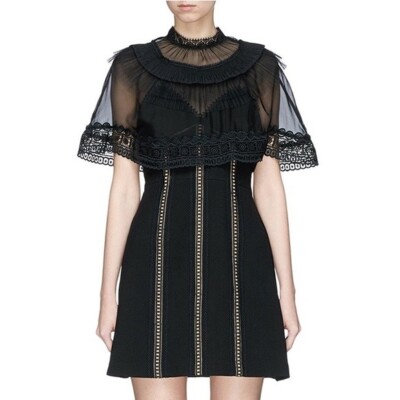 Self-Portrait Black Chiffon Cape Overlay Cady Mini Dress Size