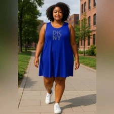 DKNY Rhinestone Embellished Blue Logo T-Shirt Dress Women’s Size 2X