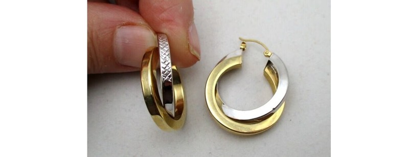 14K Yellow & White Gold  Crisscross Intertwined Double Hoop Earrings [E128]