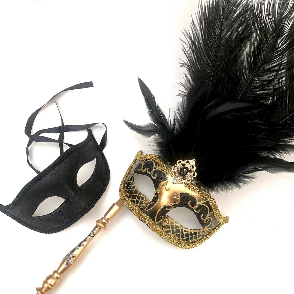 Черное золото маскарад маска пара палочка перо Рождество Новый год костюм вечеринки - Изображение 3 из 3