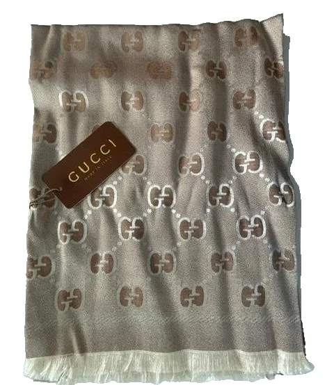 FOULARD FEMME GUCCI MONOGRAMME SOIE ET CACHEMIRE BEIGE ET OR